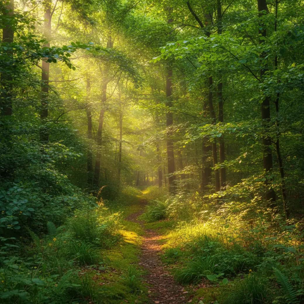 Sunlight falling through the trees on a quiet forest trail
